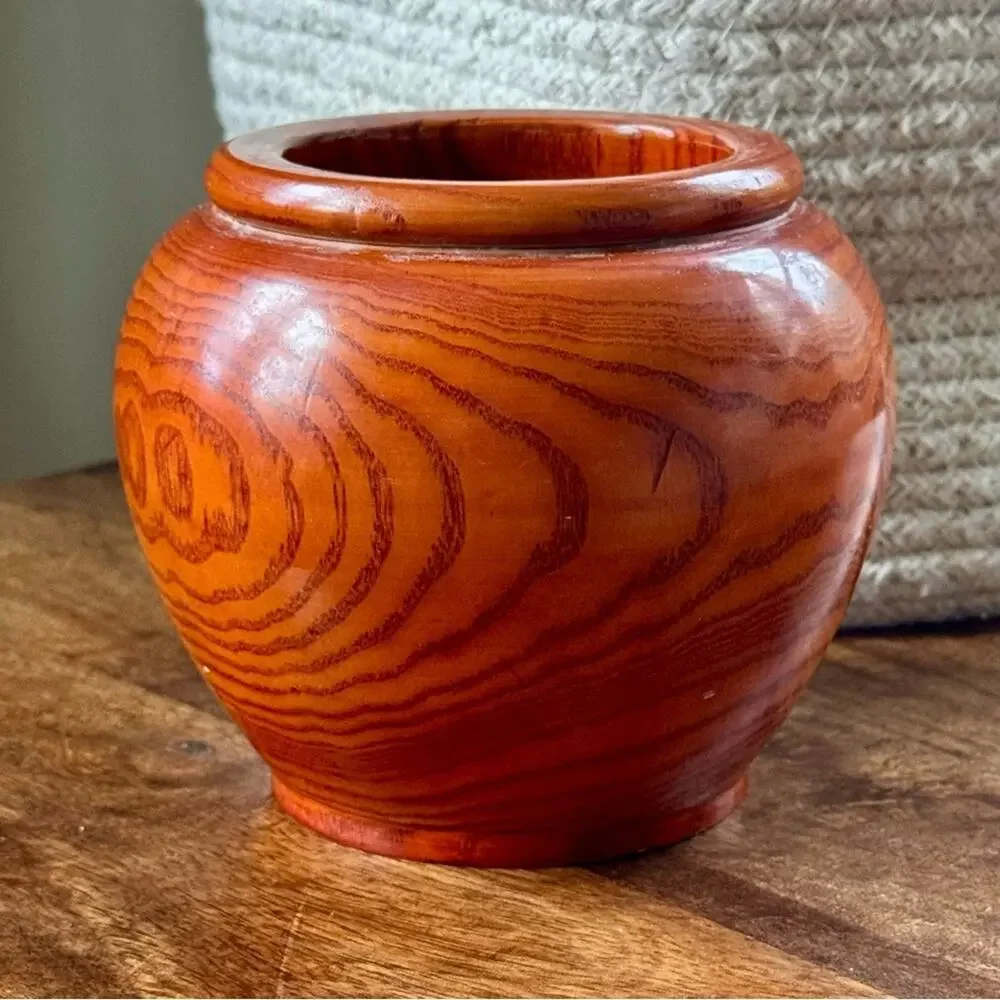 Vintage Hand Turned Wood Vase Lacquered Handmade Rustic Planter Glossy 5” - Picture 2 of 9